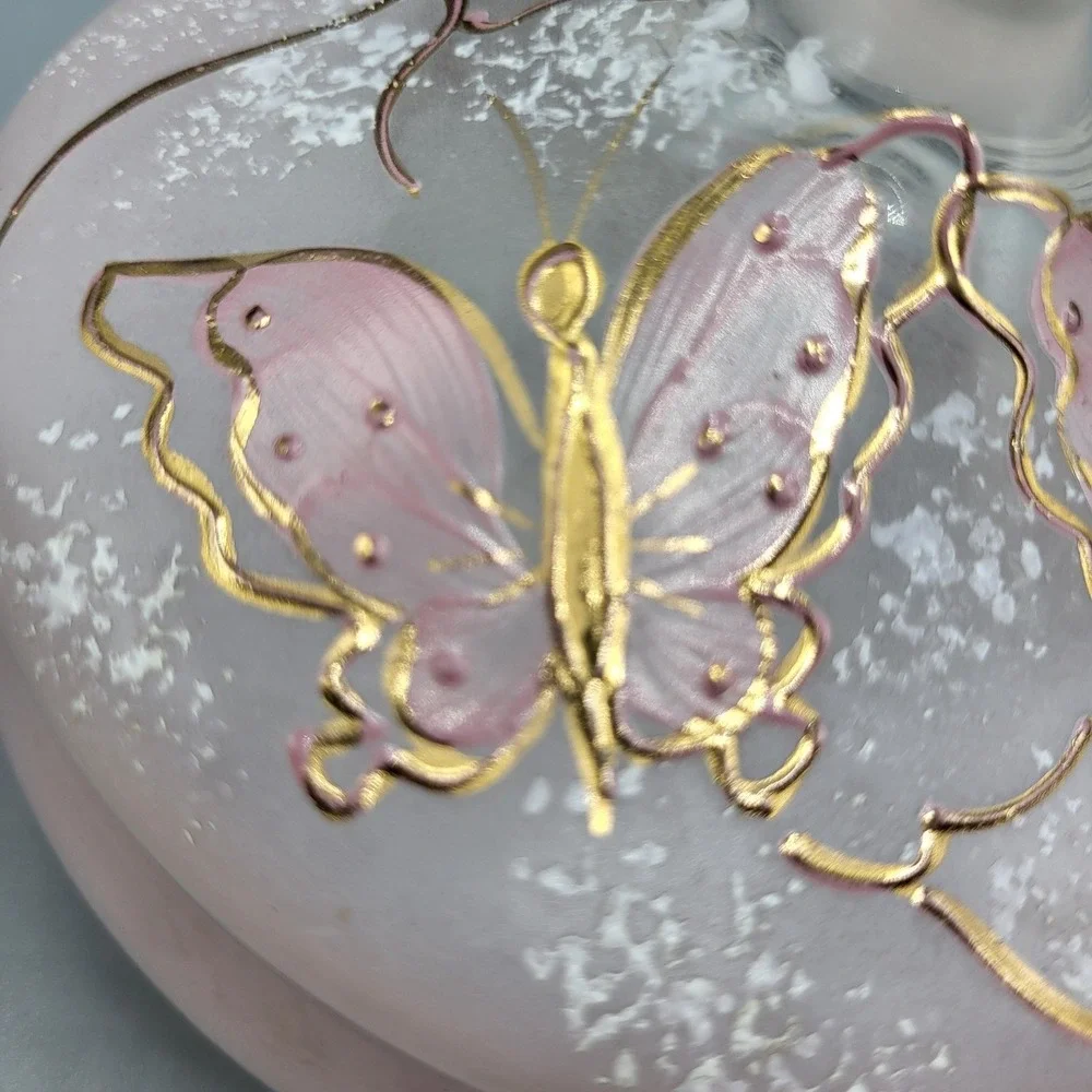 Butterfly Trinket Dish Vanity Jar Frosted Pink Glass Gold Accents Hand Painted